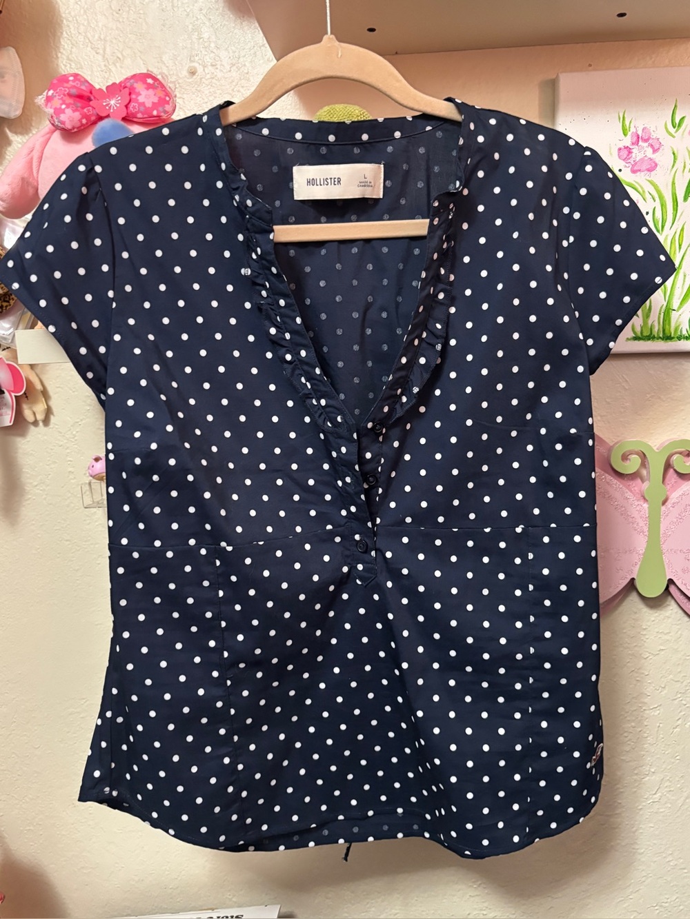 Hollister Short-Sleeve Icon Henley Shirt Navy Polka Dot Sz Large